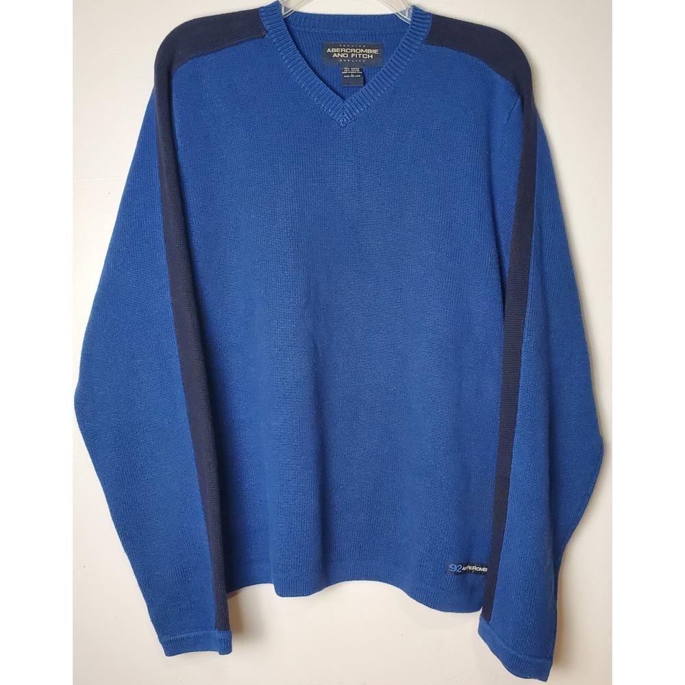 READ Vintage Abercrombie & Fitch Y2K Men's Large V-neck Blue Pullover Sweater‎